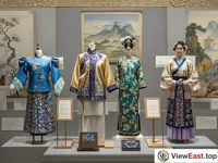 On a display stand, there are representative traditional clothing such as Hanfu, cheongsam, long robe, Tang suit and ruqun. Each piece of clothing is colorful and exquisitely made. There are introduction signs beside them.