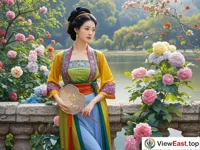 In a beautiful garden, a woman is wearing a slim traditional clothing. The color of the clothing is bright and shows her curvaceous beauty. She is holding a round fan and standing elegantly. There are blooming flowers beside her.