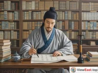 In an antique study, an elegant man is wearing loose traditional clothing. He is sitting in front of a desk, holding a writing brush and writing. There are ancient books on the bookshelf behind him.