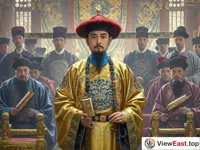 In the solemn court, a man is wearing official clothing of the Ming and Qing Dynasties. The color of the official clothing is solemn and there are obvious grade marks. He is wearing an official hat and holding a tablet. He is standing seriously. There are other officials around him.