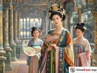 In a magnificent palace, a woman is wearing colorful clothing of the Tang and Song Dynasties with exquisite patterns embroidered with golden threads. She is wearing a gorgeous headdress and holding a fan embroidered with peonies. There are palace maids serving beside her.