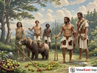 In a primitive natural environment, ancient people are wearing simple clothing made of animal skins or coarse cloth. Some people are hunting and some are gathering wild fruits. There are some simple tools beside them.