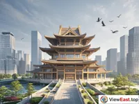 A modern building. The appearance of the building incorporates traditional architectural elements such as dougong and mortise and tenon. Surrounded by high-rise buildings. There are several birds flying in the sky.