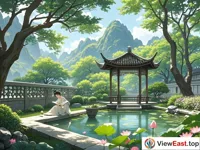 A courtyard in the south. The courtyard is deep. There are green trees, flowers and plants, a pool, and a small pavilion. A woman is reading a book in the pavilion.