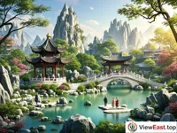 A beautiful garden of the Ming and Qing dynasties, with pavilions, terraces, small bridges, flowing water, rockeries and strange stones. There are also some people walking and enjoying the scenery in the garden.