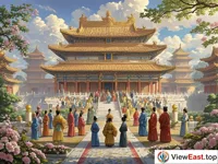 A magnificent palace of the Tang and Song dynasties. The palace is resplendent and magnificent. There are upturned eaves and corners. Surrounded by blooming flowers and green trees. In front of the palace, a group of people wearing clothes of the Tang and Song dynasties are holding a ceremony.