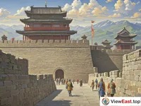 A majestic brick and stone city wall of the Qin and Han dynasties. The city wall is tall and solid. There are guards on it. Pedestrians walk under the city wall. In the distance are continuous mountains.