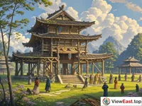 In the ancient Shang and Zhou dynasties, a wooden structure building stands on a meadow. The building has a simple and unsophisticated shape. There are some people wearing clothes of the Shang and Zhou dynasties busy around.