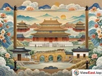 An unfolded scroll painting with various Han architecture, including the magnificent palace of the Forbidden City, the white walls and black tiles of Jiangnan water towns, the cave dwellings on the Loess Plateau, and the stilted buildings in southwest China, surrounded by auspicious clouds and flowers.