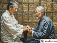 The traditional Chinese medicine doctor gently places his fingers on the patient's wrist to feel the pulse. He looks focused. The patient is sitting quietly. In the background are some traditional Chinese medicine cabinets.