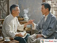 The traditional Chinese medicine doctor and the patient are sitting face to face. The doctor gently asks about the patient's condition. The patient answers seriously. Beside them is a cup of hot tea emitting steam.
