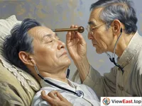 The traditional Chinese medicine doctor puts his ear close to the patient and listens carefully to the patient's breathing and speaking sounds. Beside him is a traditional tool like a stethoscope.