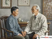 An old traditional Chinese medicine doctor is intently looking at the patient in front of him. There is wisdom in his eyes. The patient is sitting on a chair, looking a bit nervous.