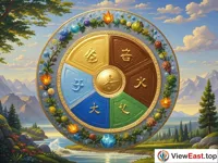 A circular pattern is divided into five parts, filled with representative colors and element patterns of metal, wood, water, fire, and earth. There are some natural scenes surrounding it.