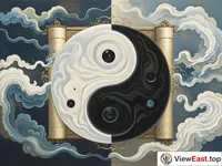 On a painting scroll, white airflow represents the flow of qi. On one side is the black area representing yin, and on the other side is the white area representing yang. The two echo each other.