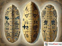 Ancient oracle bone inscriptions of the Shang Dynasty are engraved with some patterns and symbols related to medical treatment, surrounded by a faint historical halo.