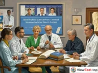 A group of doctors and scholars from different countries sit around and discuss the therapies of acupuncture and massage seriously. On the table in front of them are books and materials about acupuncture and massage. The background is the scene of an international medical seminar, with a large screen displaying relevant pictures and texts.