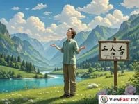 A person stands in the beautiful natural scenery, closes eyes, and raises hands slightly, feeling the breath of nature. Beside is a sign with the words 