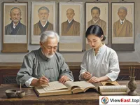 An old traditional Chinese medicine practitioner and a young apprentice are in a traditional Chinese medicine clinic. The old practitioner is teaching the apprentice the skills of acupuncture and massage. On the table in front of them are ancient medical books and acupuncture and massage tools.