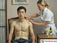 A person sits on a chair, revealing the shoulders and neck, with a somewhat painful expression. A masseur stands beside and gently presses the person's shoulders and neck with his hand to help him relieve muscle tension. There is a bottle of massage oil on the table beside.
