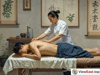 A masseur is performing massage therapy for a patient. The patient lies prone on the massage bed. The masseur uses both hands to perform various techniques on the patient's back, such as kneading, pinching, and pushing. There is a faint herbal fragrance in the room. Some posters about massage are hung on the wall.