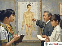 A human meridian diagram is hung on the wall, on which the directions and acupoints of various meridians are clearly marked. A person looking like a scholar stands in front of the diagram, pointing at the meridian diagram and explaining the meridian theory to the students beside. The students listen carefully and take notes in their hands.
