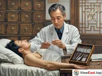 A traditional Chinese medicine practitioner holds a slender silver needle and is concentrating on preparing for acupuncture treatment for a patient. The patient lies quietly on the hospital bed, revealing the acupoints on the arm. On the table beside is a toolbox for acupuncture, in which silver needles of various specifications are neatly arranged. The background is a traditional Chinese clinic with wooden medicine cabinets and antique decorations.