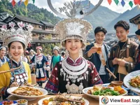Tourists from all over the world celebrate the Flower Jumping Festival with the Miao people. They enjoy Miao cultural performances and taste local delicacies, with happy smiles on their faces.
