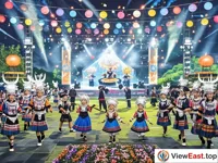 At the scene of the Flower Jumping Festival, there are both traditional Miao dances and music, and modern stage lighting and sound equipment. People celebrate the festival in a cheerful atmosphere.