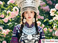 A beautiful Miao woman is dressed in traditional clothing and stands in the flowers. The exquisite embroidery and silver ornaments on the clothing sparkle in the sun.