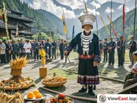 In the Miao sacrificial site, there are various offerings. A Miao elder leads people to conduct a sacrificial ceremony. Everyone looks solemn and prays for a good harvest and peace in the coming year.英文关键词：sacrificial site, offerings, Miao elder, praying