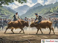 Two strong bulls are fiercely fighting in the field. Around them are excited Miao people who cheer for the bulls they support.