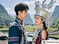 A pair of young Miao men and women stand facing each other, looking at each other affectionately, singing lyrics full of poetry and romance in their mouths. Around them is beautiful natural scenery.
