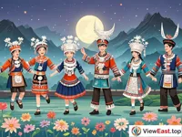 A group of young Miao men and women dressed in festival costumes are happily dancing the flower dance under the moonlight. Their costumes are colorful, their dancing postures are graceful, and there are happy smiles on their faces.