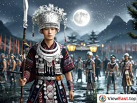 In the picture, a brave Miao hero is dressed in traditional clothing and holds a weapon, standing on the battlefield with firm eyes. Behind him, the Miao people are holding a grand celebration for him. On a full moon night, people are singing and dancing.