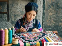 An ethnic minority woman is concentrating on embroidering. In front of her is a piece of cloth embroidered with exquisite patterns. Beside it are silk threads of various colors.