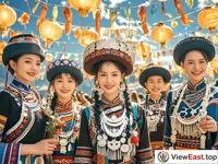 A group of people from ethnic minorities are wearing the most gorgeous traditional clothing on festival celebrations. There is joy on their faces. There are lanterns and festoons around.