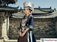 An ethnic minority noble wearing gorgeous clothing is standing in front of an ancient building. The material and decoration of the clothing show nobility.