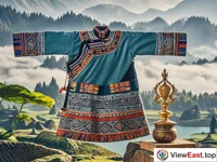 A traditional clothing of an ethnic minority is unfolded. There are obvious totem patterns on it. Beside it are items representing the beliefs of this ethnic group.