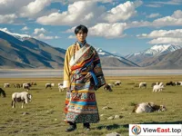A Tibetan man is standing on the grassland, wearing a brightly colored Tibetan robe with rich patterns. Behind him are blue sky, white clouds and snow-capped mountains.