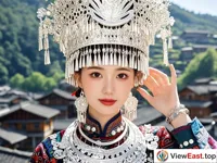 A Miao girl is wearing traditional clothing and exquisite silver ornaments on her head, neck and hands. The silver ornaments are shining in the sun.