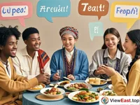 People of different ethnic groups sit around together, communicating in their own languages. There are friendly smiles on their faces. In the middle is a table full of delicious food.