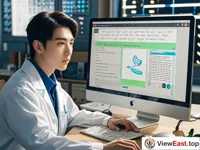 A young researcher is sitting in front of a computer, concentrating on operating speech recognition software. On the screen are the characters of ethnic minority languages.