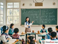 In a bright classroom, ethnic minority children are earnestly learning their own ethnic language from the teacher. There are beautiful ethnic characters written on the blackboard.