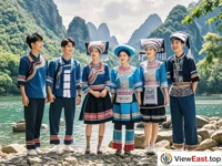 A group of young Zhuang men and women stand between green mountains and clear waters, singing Zhuang folk songs in Zhuang language happily. There are happy smiles on their faces.