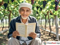 An elderly Uyghur man sits under a grape trellis, holding a literary book written in Uyghur language. He is smiling, and his eyes are full of love for culture.
