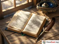 An ancient Tibetan scripture is spread out on a simple wooden table. Beside it is a traditional quill. Sunlight shines in through the window, illuminating the exquisite Tibetan characters on the scripture.