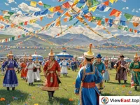 At the lively Mongolian festival celebration site, people are dressed in grand clothes. The sounds of music and dance are intertwined. Colorful flags are flying in the sky.