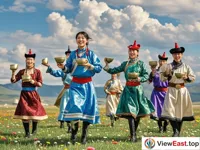 On the outdoor grassland, a group of Mongolian dancers are holding wine cups and bowls, dancing cheerfully. There are smiles on their faces and blooming flowers around.