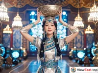 On the beautifully decorated indoor stage, a beautiful Mongolian woman in gorgeous clothing is dancing gracefully with a bowl on her head. The lights are bright.